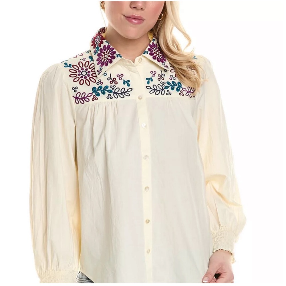 NWT ROLLER RABBIT Veda Embroidered Noemie Button Down Blouse Ivory size Small